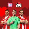 A Bayern München három játékosa áll egy piros háttér előtt, amelyet geometrikus szívformák díszítenek. Balról jobbra: Harry Kane, Jamal Musiala és Manuel Neuer. Fölöttük a Bayern München és a Doppelherz logója látható, jelezve a két márka közötti partnerséget.