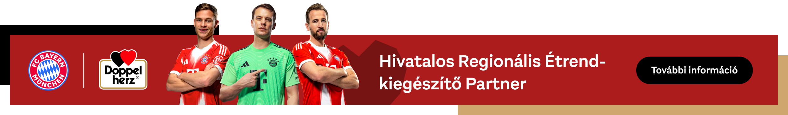 Az előtérben három FC Bayern játékos látható. Mellettük található az FC Bayern München és a Doppelherz logója, valamint a következő szöveg: "Hivatalos regionális étrend-kiegészítő partner". Egy fekete gombon ez áll: "További információ".